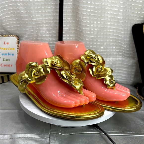 Jessica Simpson Shoes - (T5) Jessica Simpson Women's Ginima Floral Slip-On Flat Sandals, Gold, 8.5 M